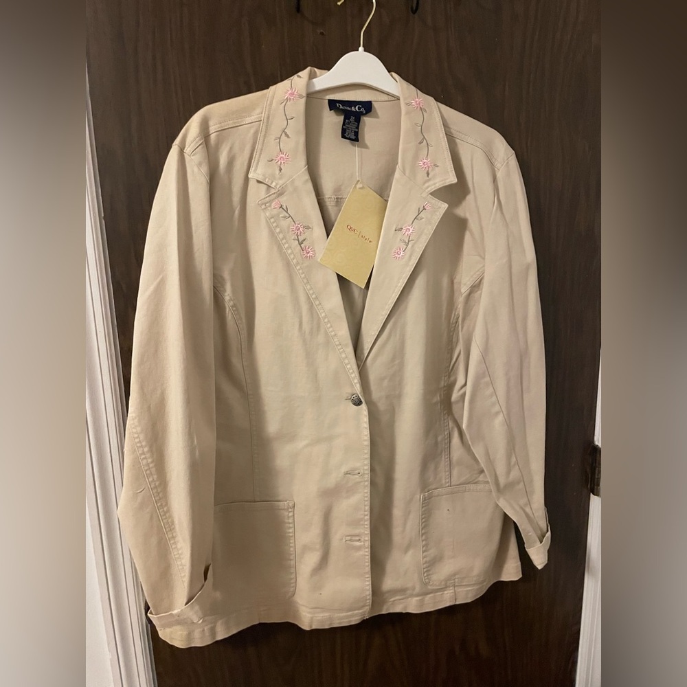 Denim & Co 2X khaki stretch denim buttoned front jacket pink embroidered floral